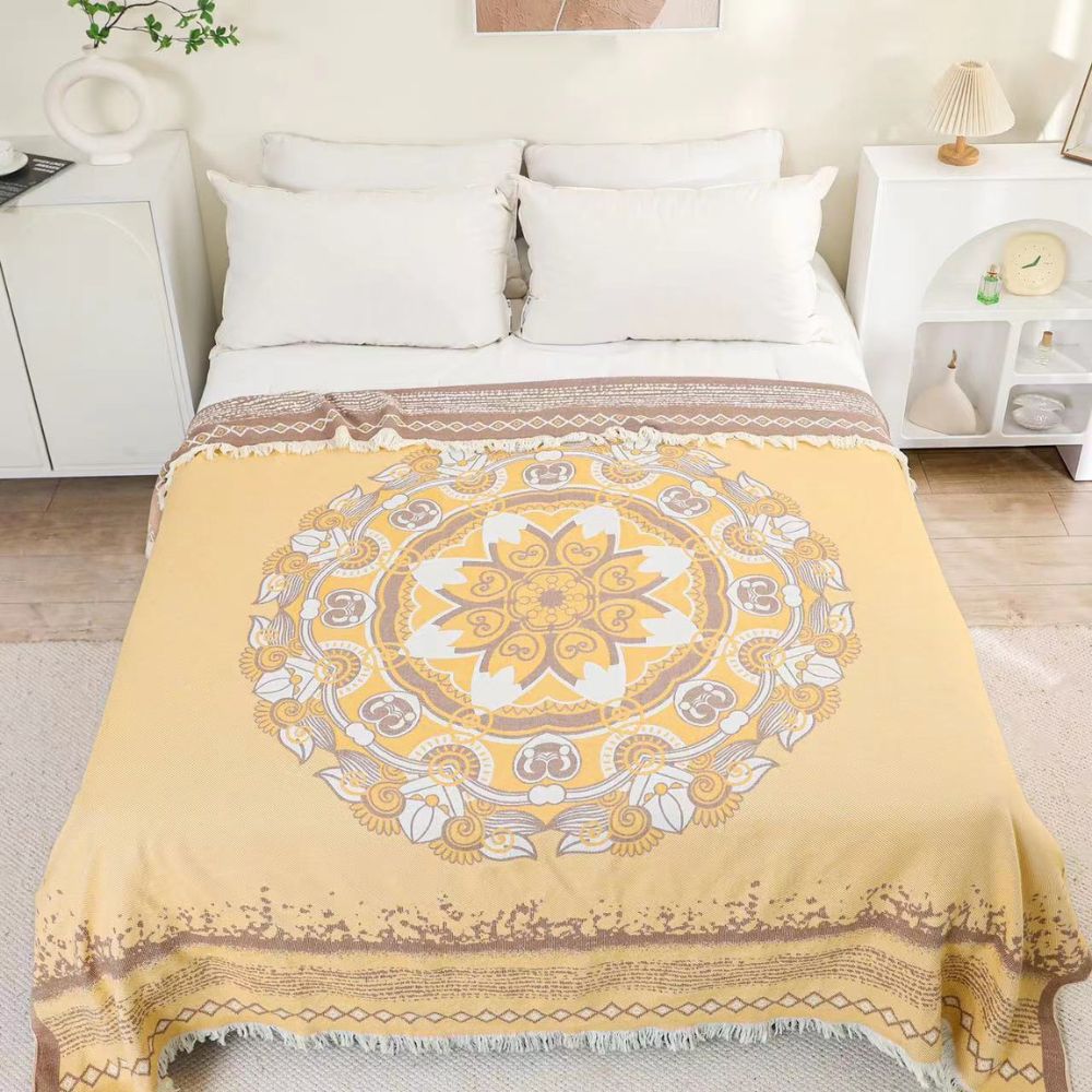 Cotton Boho Mandala Throw Blanket with Fringe