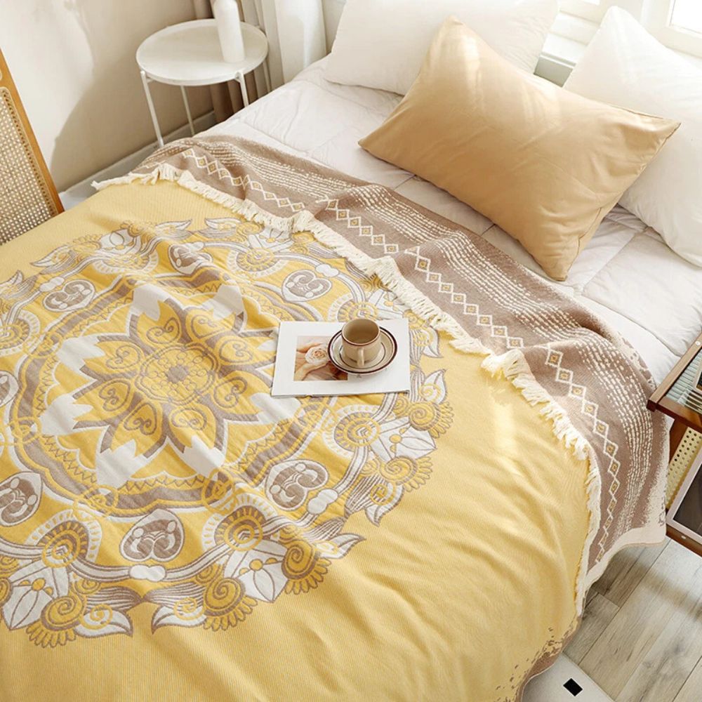 Cotton Boho Mandala Throw Blanket with Fringe