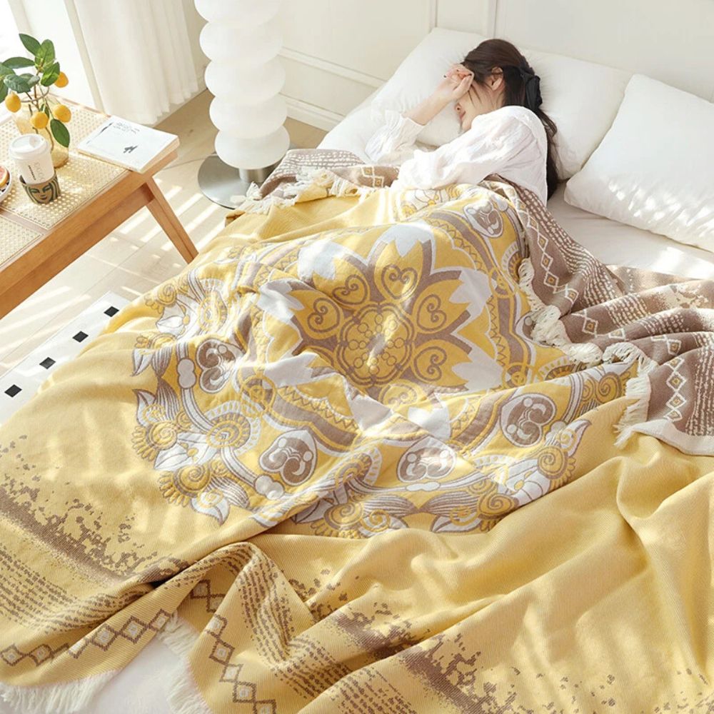 Cotton Boho Mandala Throw Blanket with Fringe