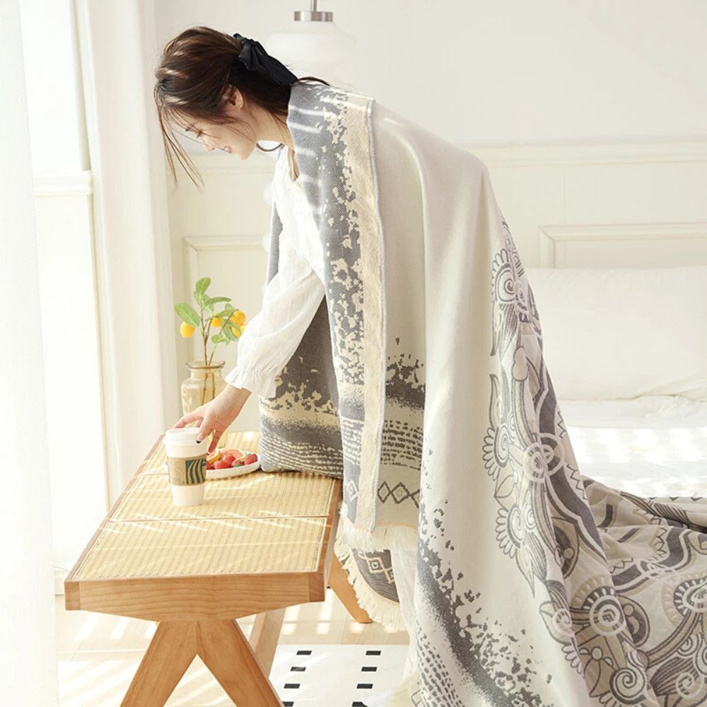 Cotton Boho Mandala Throw Blanket with Fringe