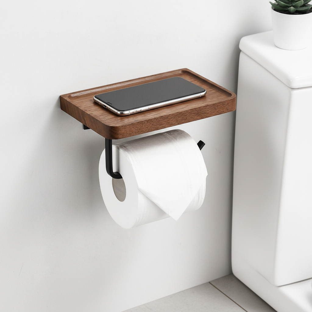 Wall-Mounted Natural Wood Bathroom Shelf with Phone Holder