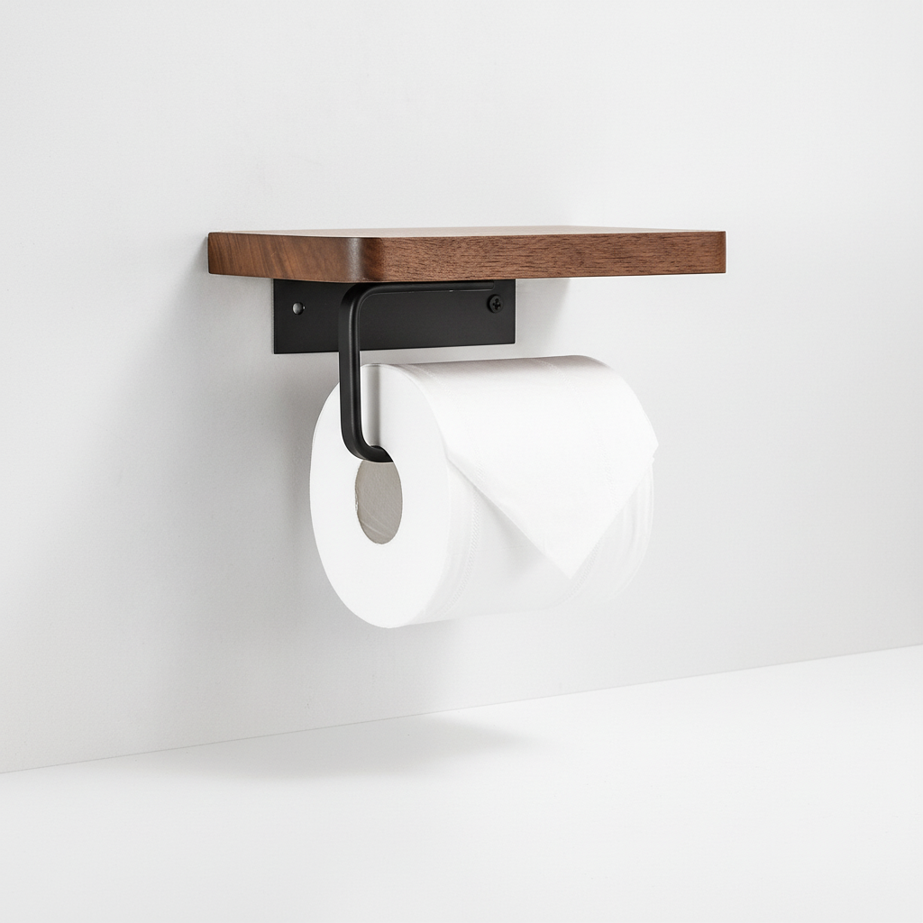 Wall-Mounted Natural Wood Bathroom Shelf with Phone Holder