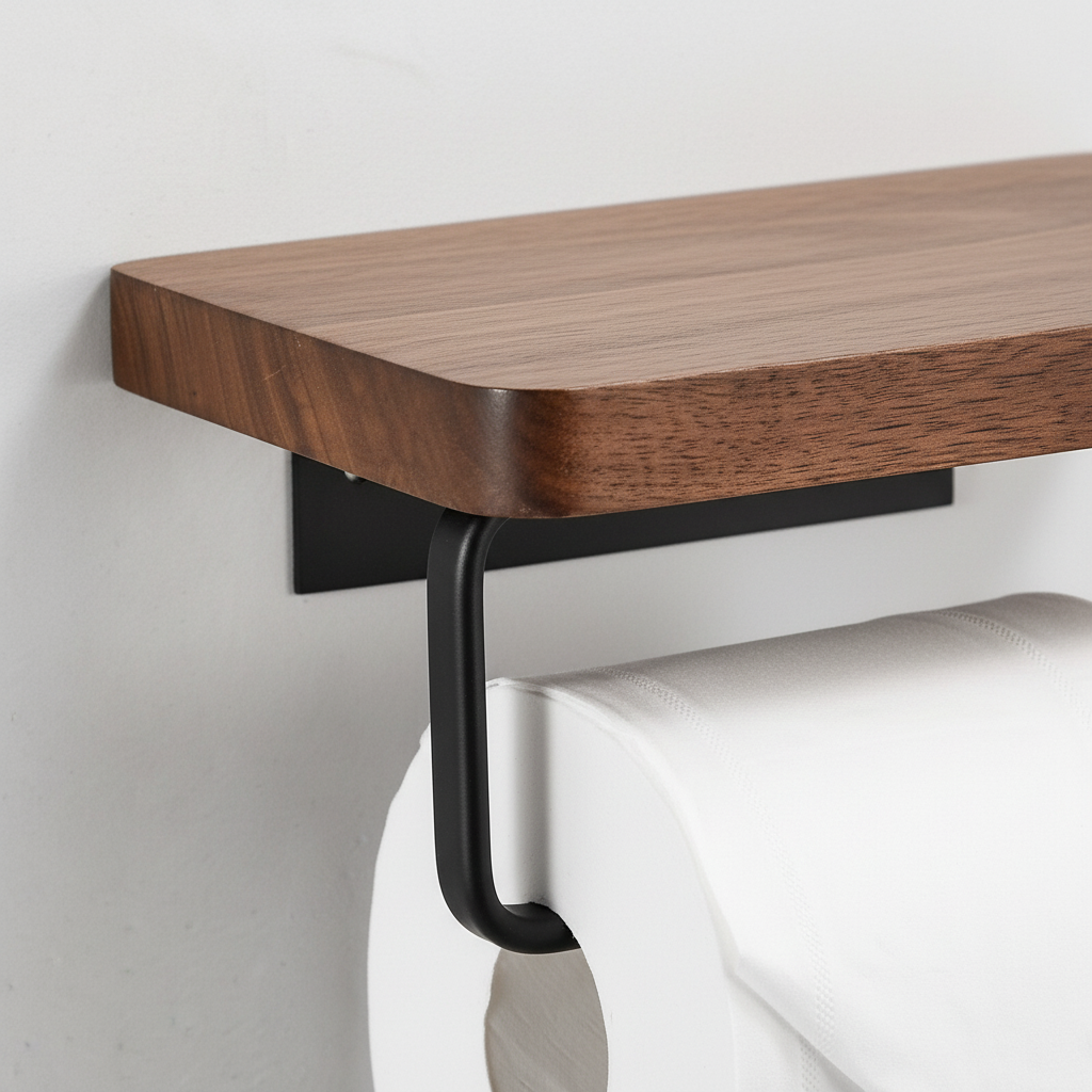 Wall-Mounted Natural Wood Bathroom Shelf with Phone Holder