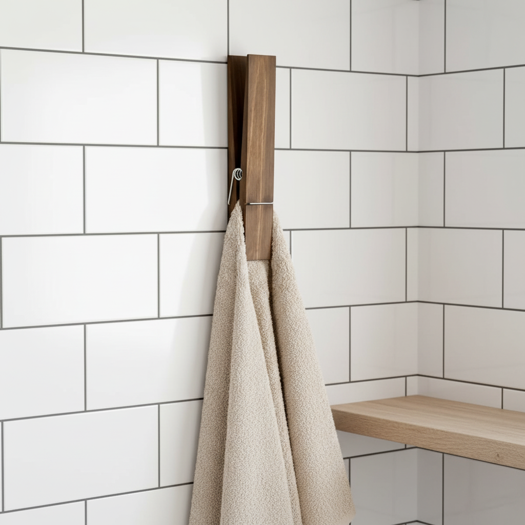 Wall-Mounted Wooden Towel Clip with Metal Spring