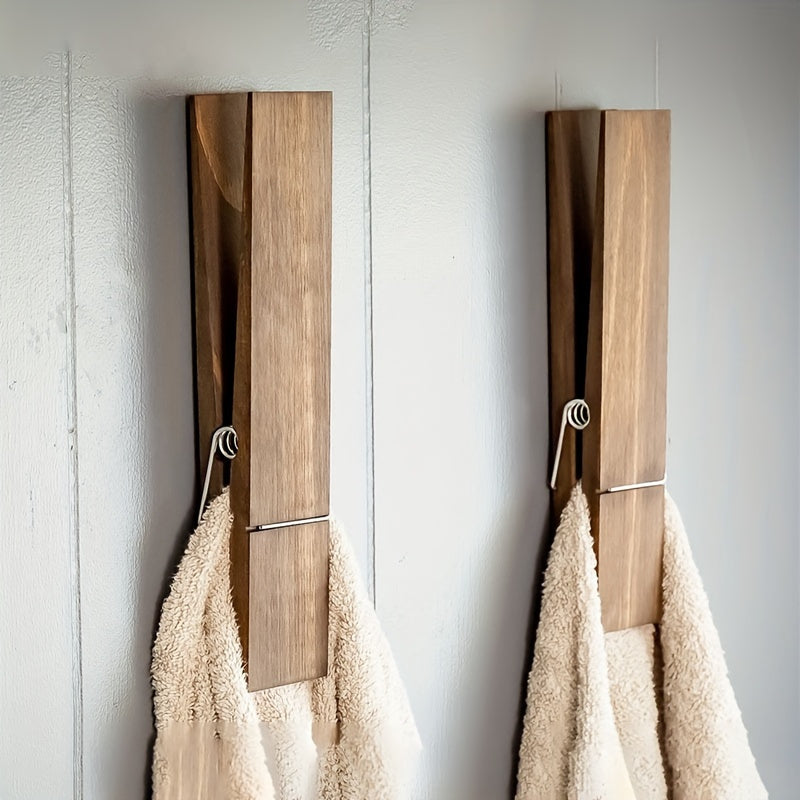Wall-Mounted Wooden Towel Clip with Metal Spring