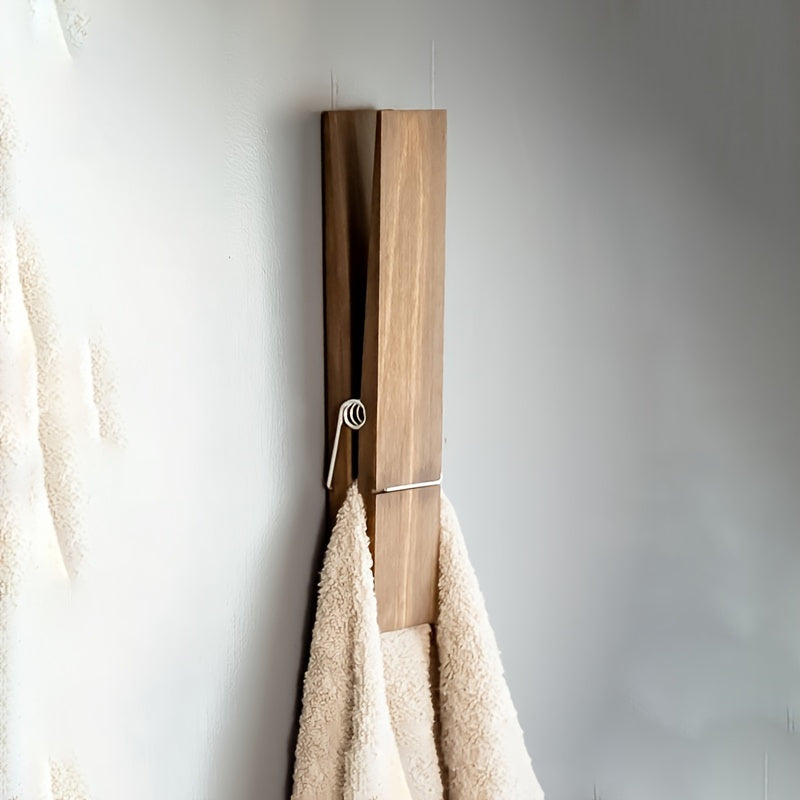Wall-Mounted Wooden Towel Clip with Metal Spring