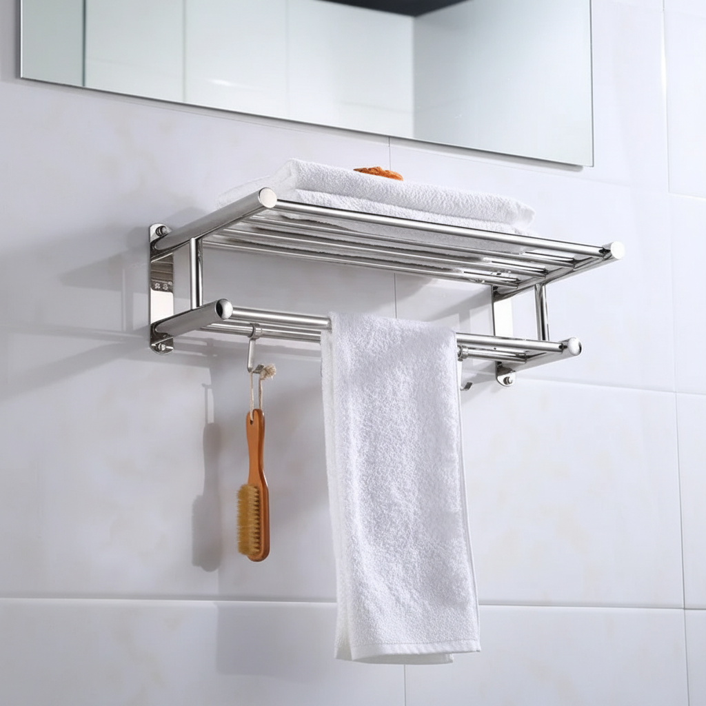 Wall-Mounted Stainless Steel Towel Holder and Shelf