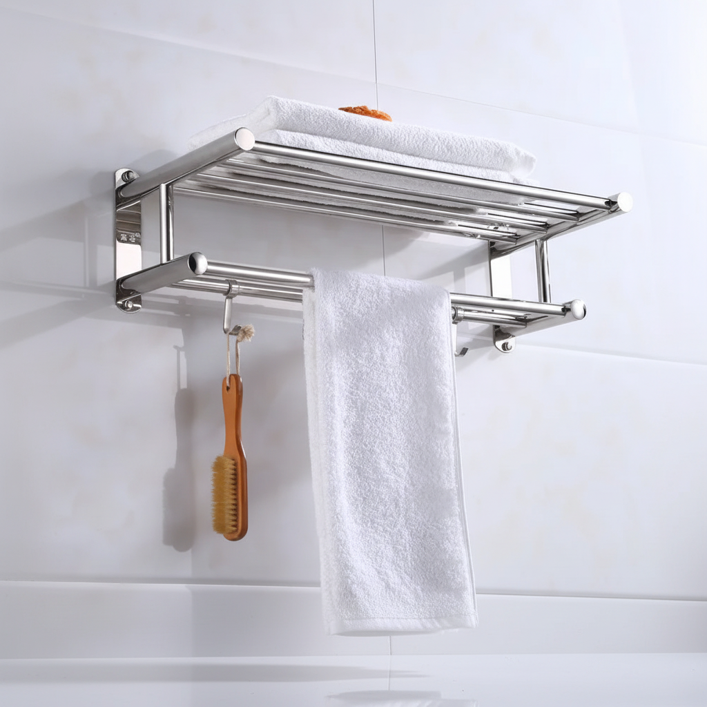 Wall-Mounted Stainless Steel Towel Holder and Shelf