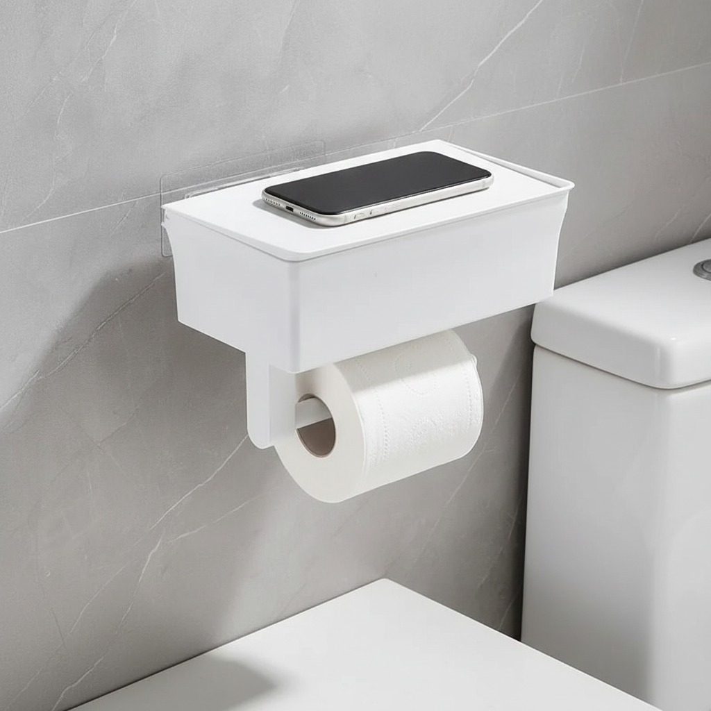 Wall-Mounted Toilet Paper Holder with Integrated Storage Drawer