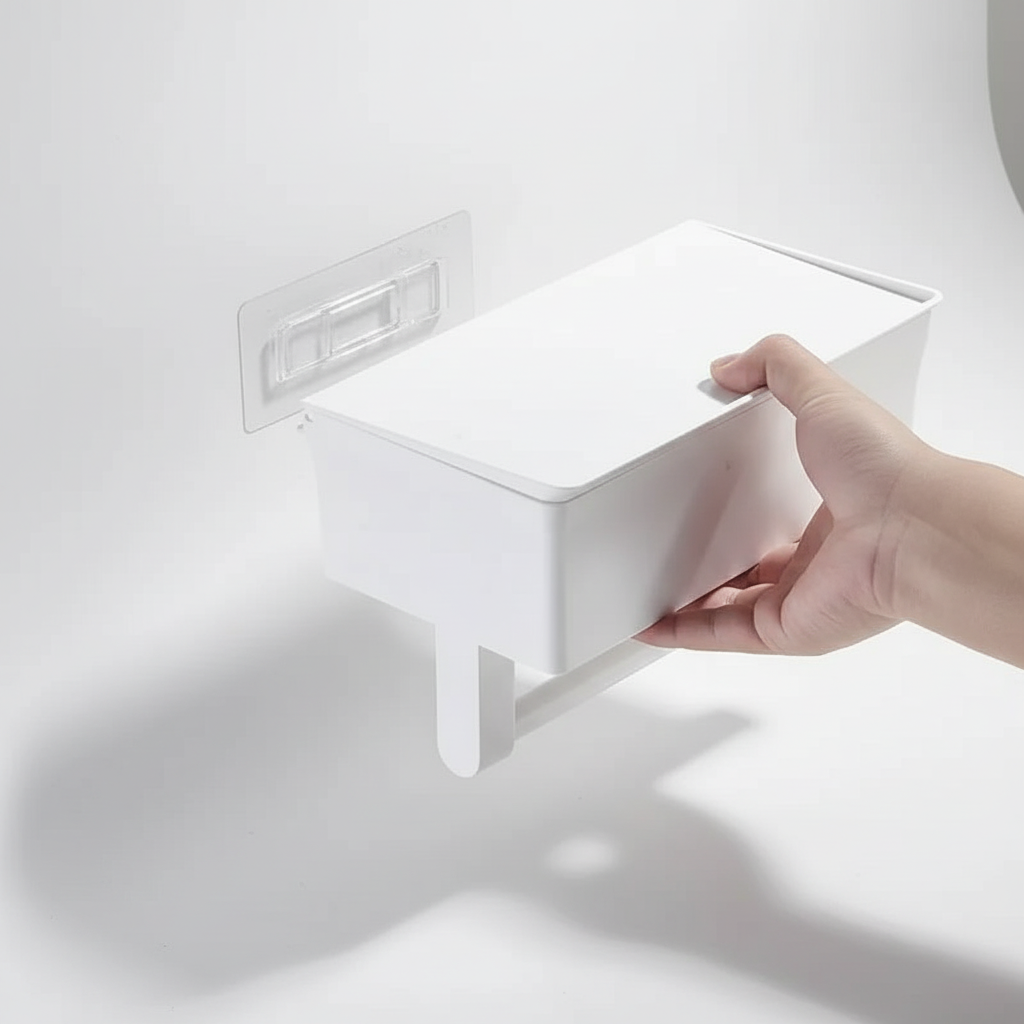 Wall-Mounted Toilet Paper Holder with Integrated Storage Drawer
