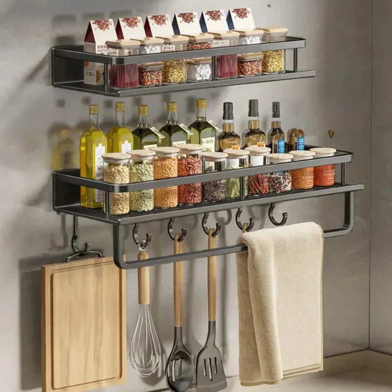Wall-Mounted Black Aluminum Kitchen Shelf for Spices and Utensils