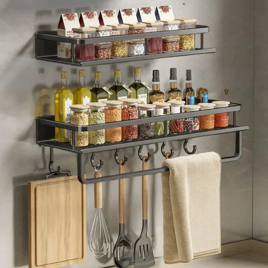 Wall-Mounted Black Aluminum Kitchen Shelf for Spices and Utensils