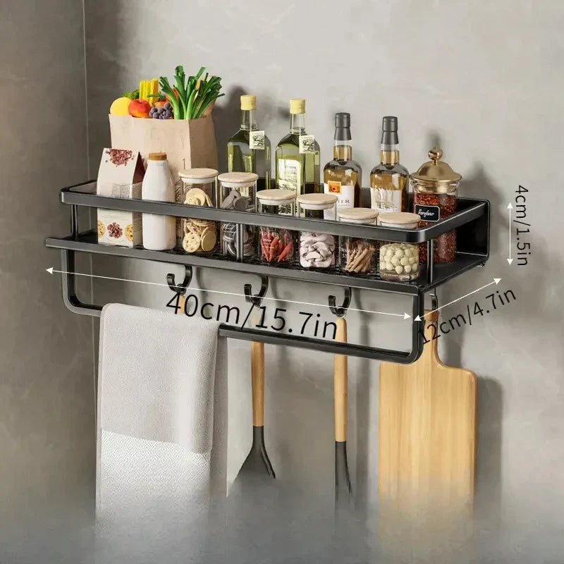 Wall-Mounted Black Aluminum Kitchen Shelf for Spices and Utensils