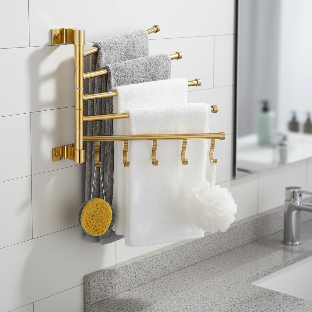 Wall-Mounted Brushed Gold Towel Holder with Swiveling Arms