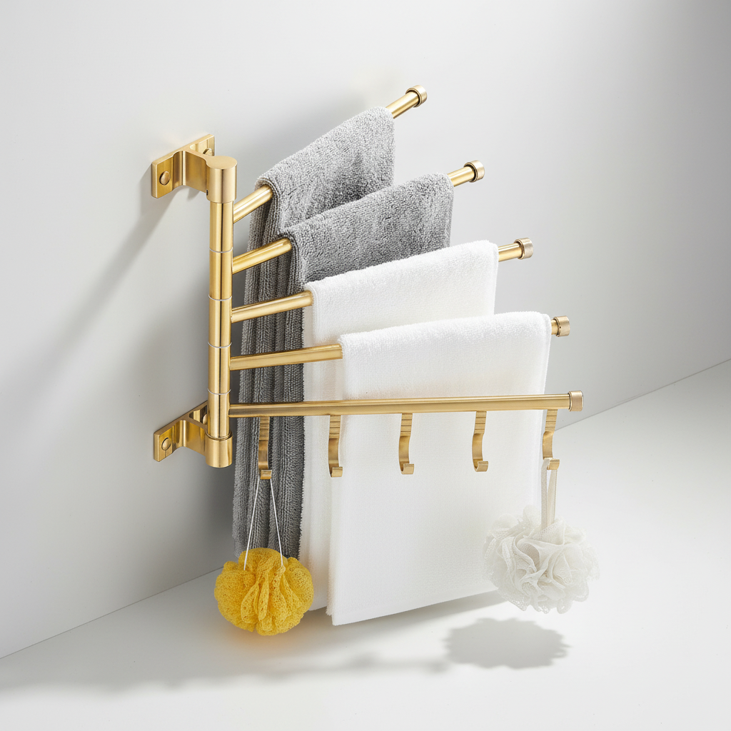 Wall-Mounted Brushed Gold Towel Holder with Swiveling Arms