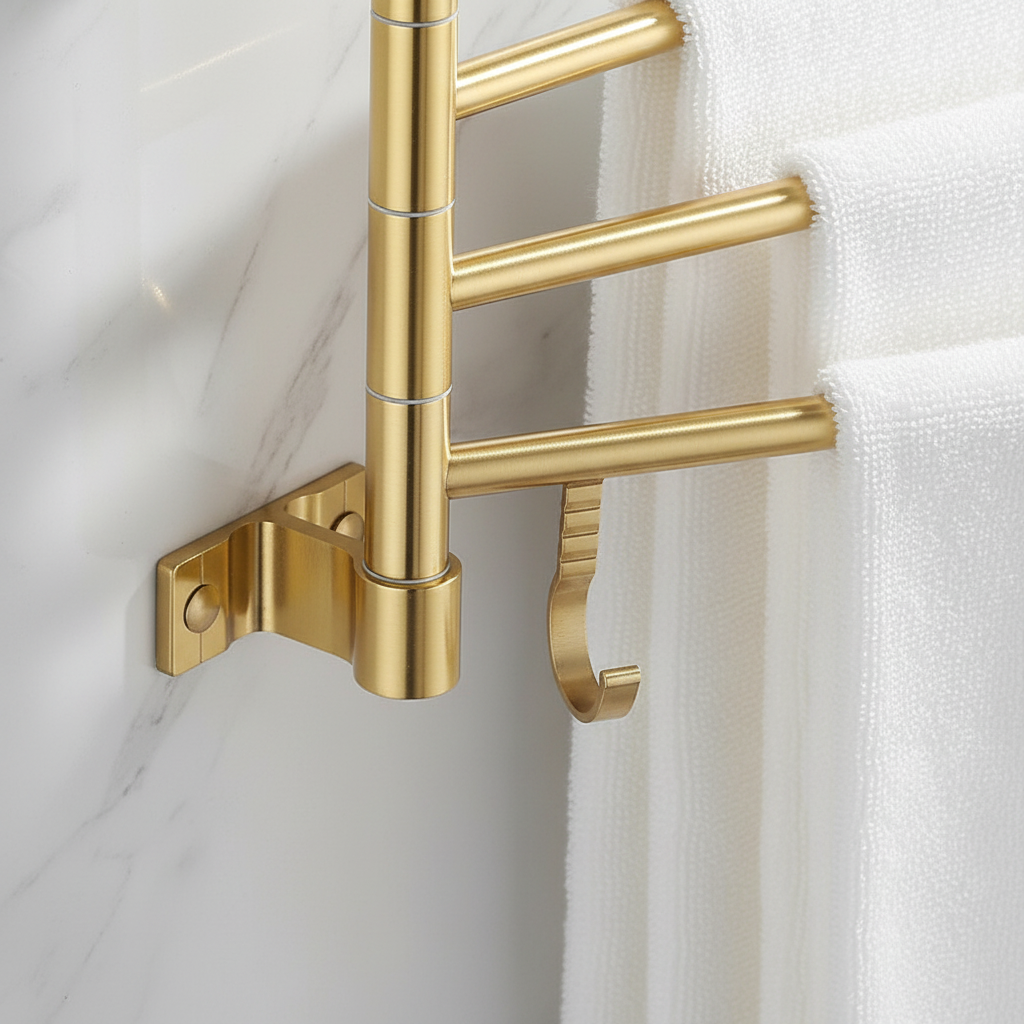 Wall-Mounted Brushed Gold Towel Holder with Swiveling Arms