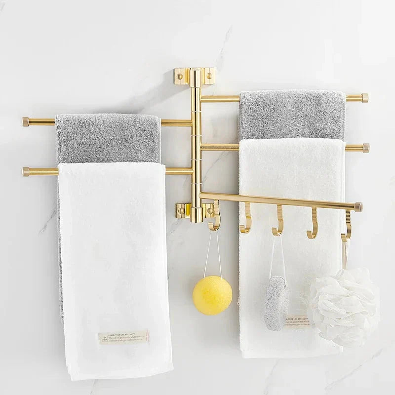 Wall-Mounted Brushed Gold Towel Holder with Swiveling Arms