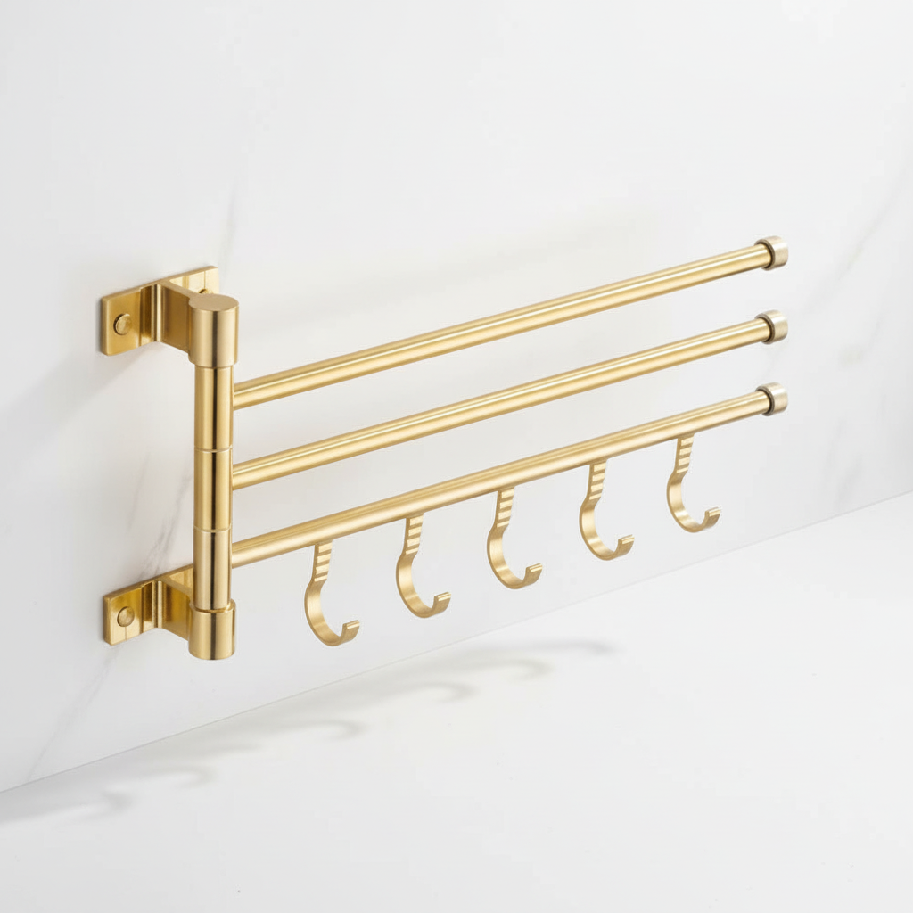 Wall-Mounted Brushed Gold Towel Holder with Swiveling Arms