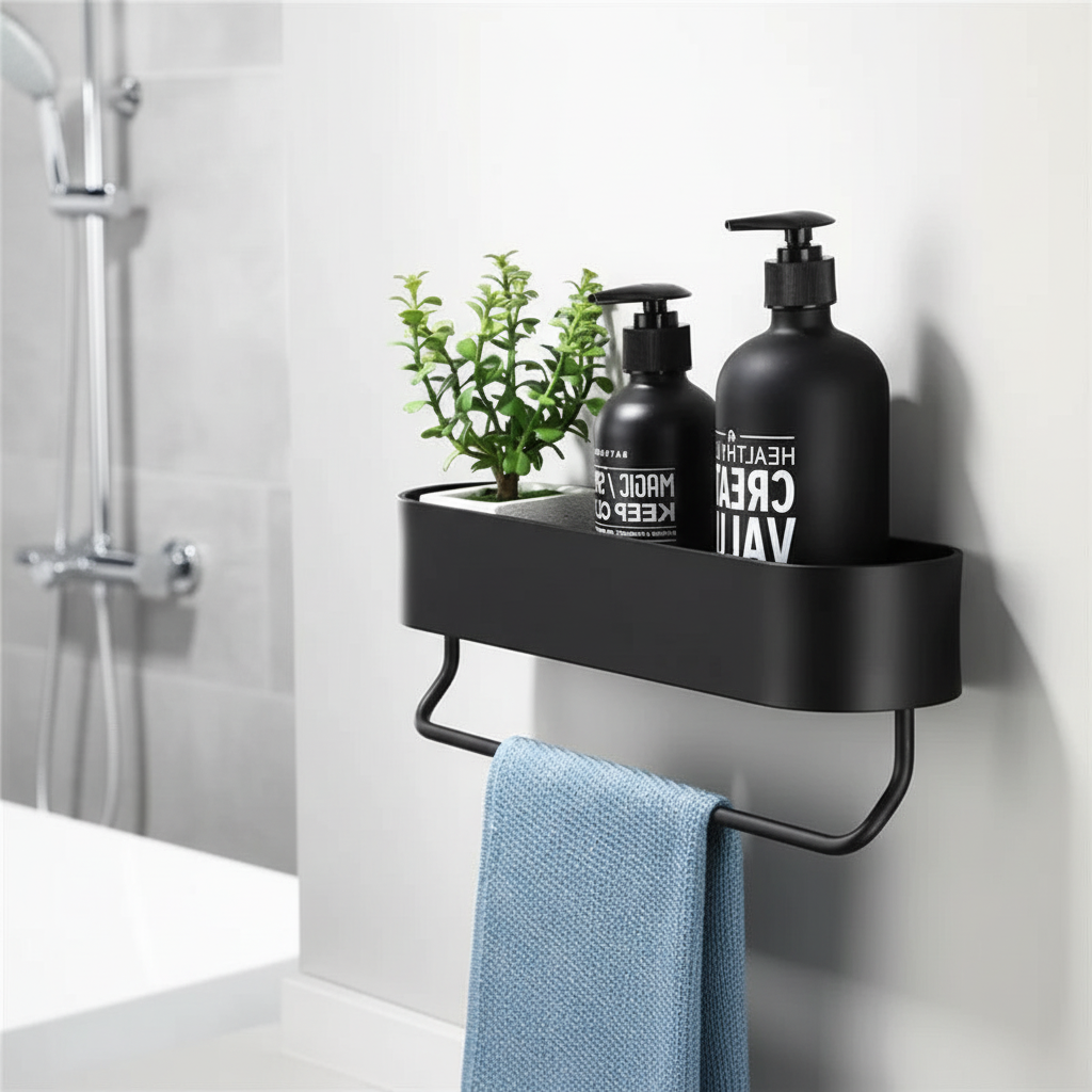 Wall-Mounted Black Metal Bathroom Shelf with Towel Rail
