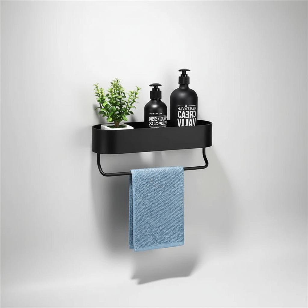 Wall-Mounted Black Metal Bathroom Shelf with Towel Rail