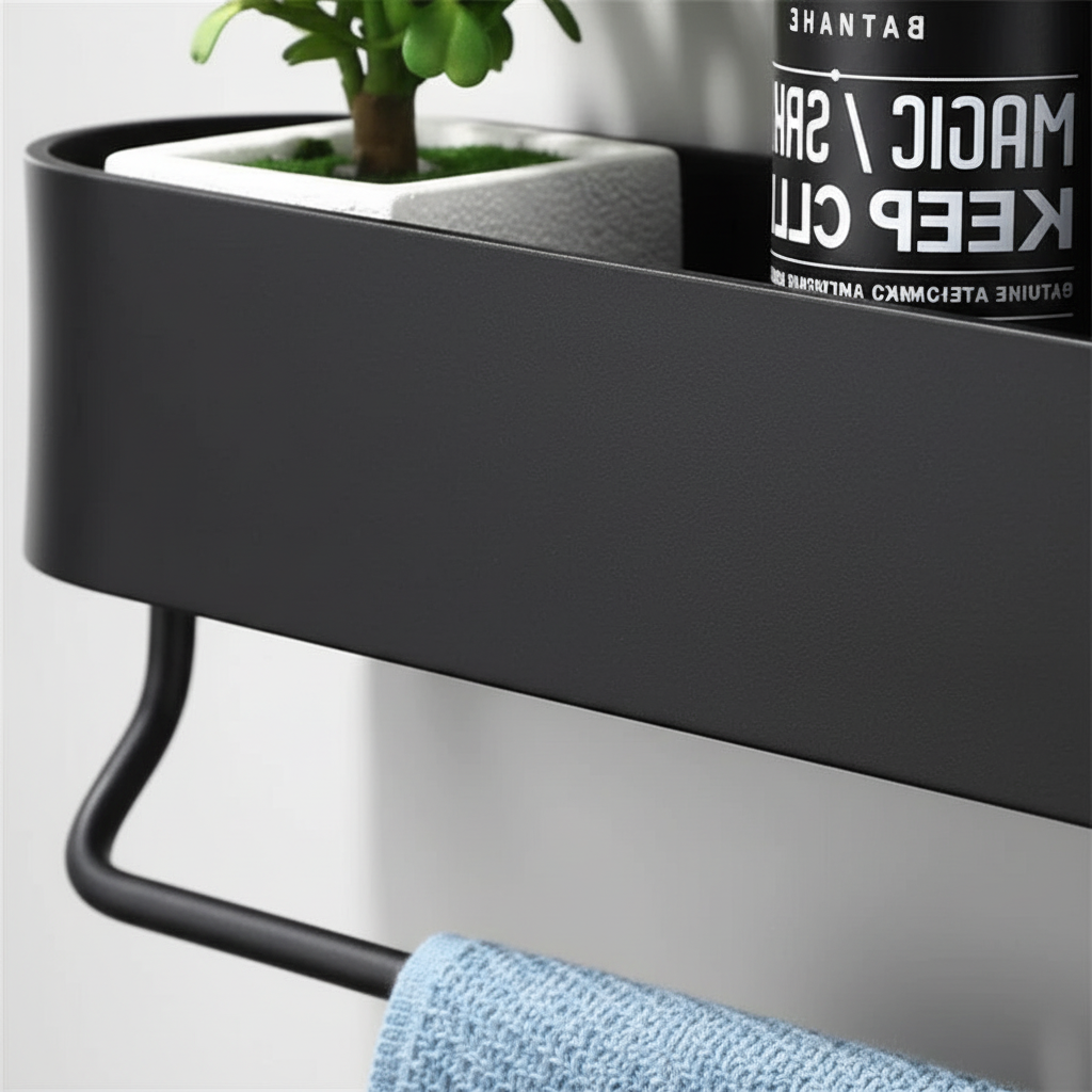 Wall-Mounted Black Metal Bathroom Shelf with Towel Rail