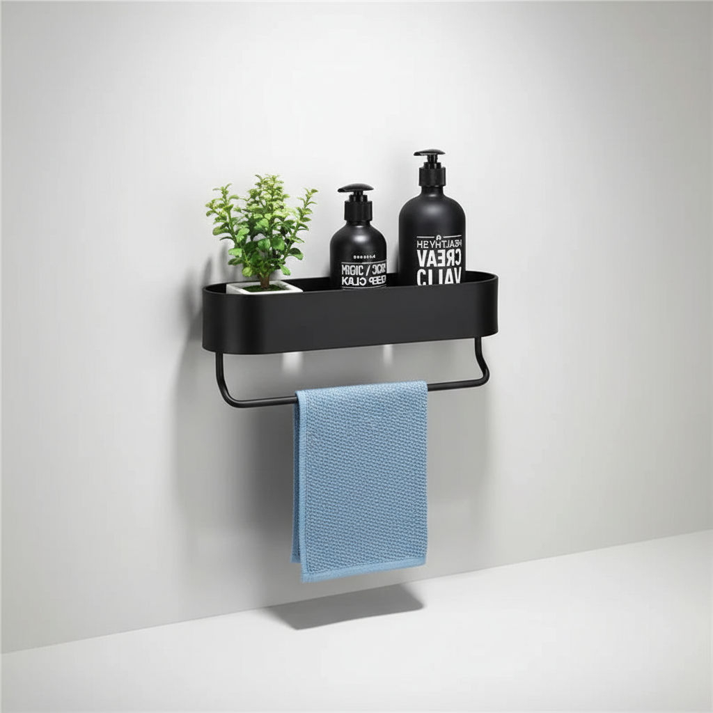Wall-Mounted Black Metal Bathroom Shelf with Towel Rail