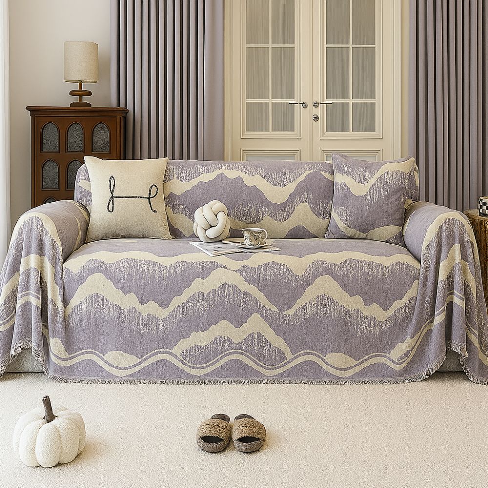 Wavescape Chenille Sofa Cover with Fringe Edge