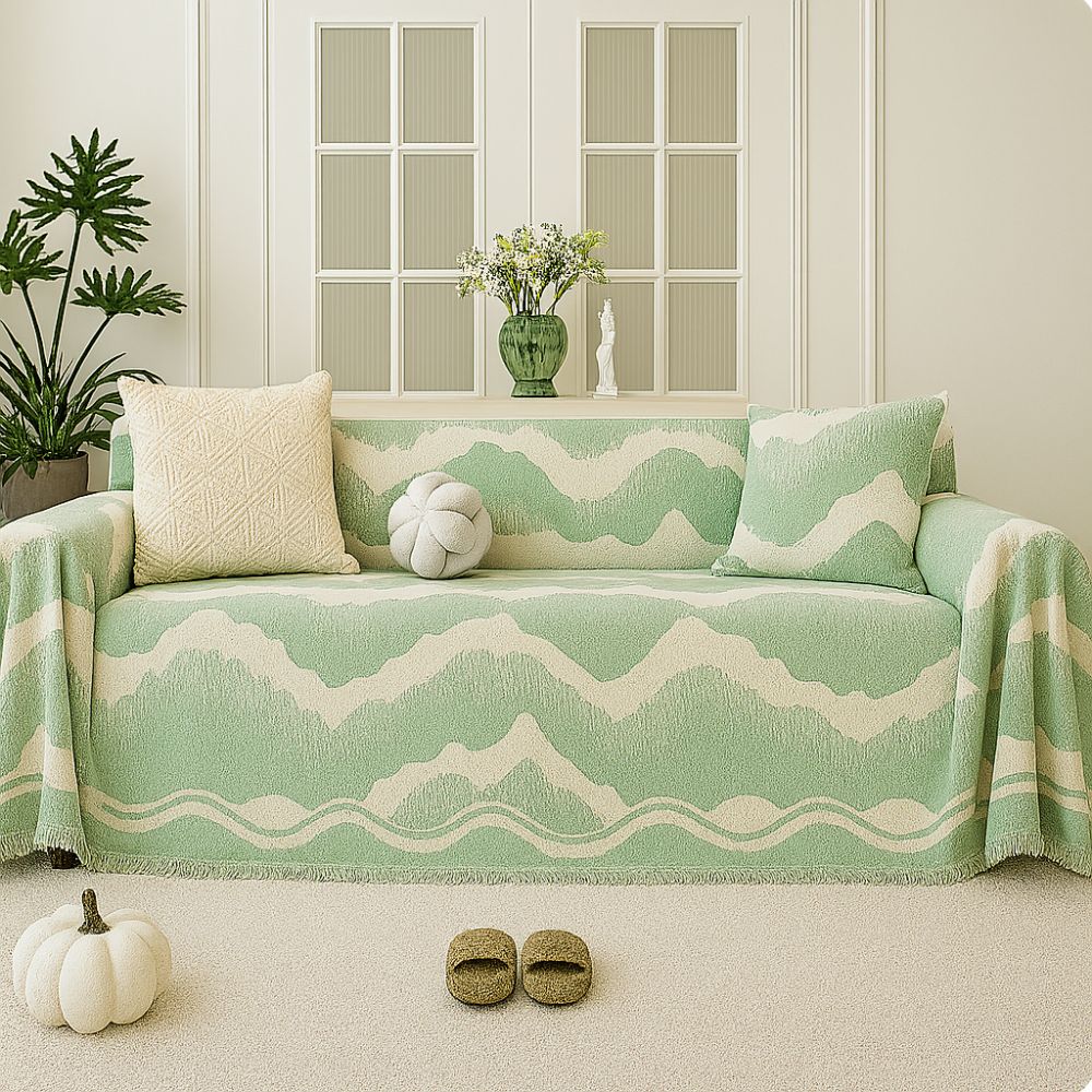 Wavescape Chenille Sofa Cover with Fringe Edge