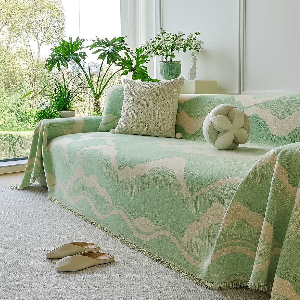 Wavescape Chenille Sofa Cover with Fringe Edge