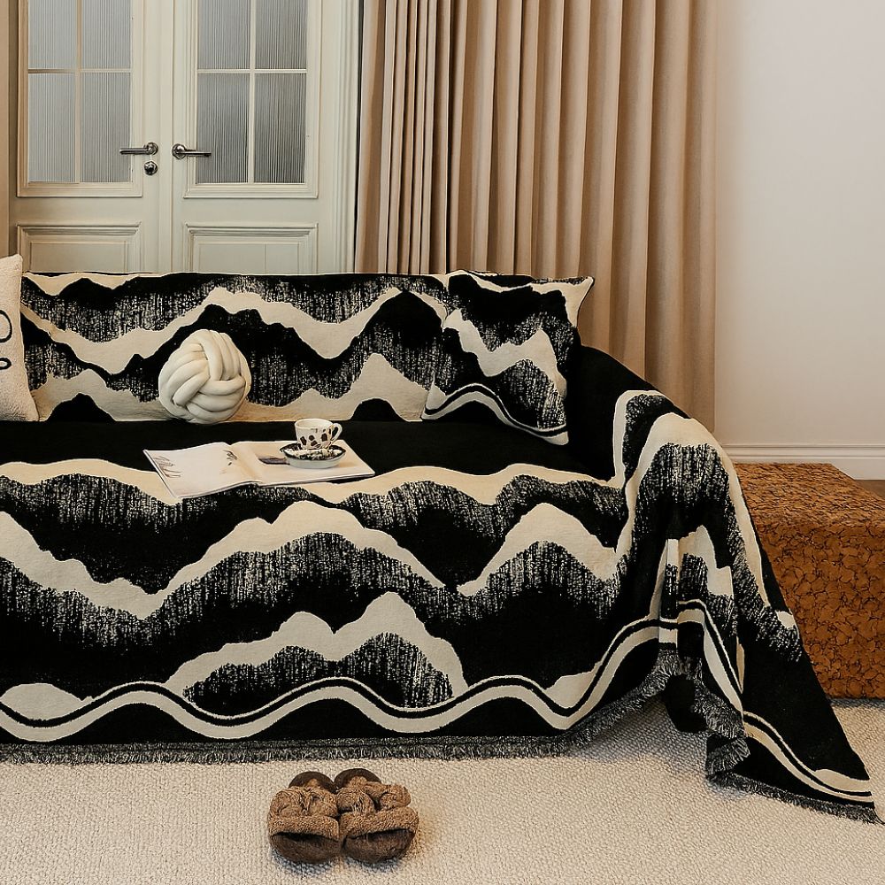 Wavescape Chenille Sofa Cover with Fringe Edge