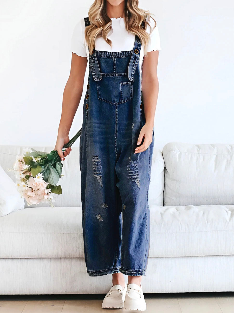 Loose Fit Distressed Denim Overalls with Adjustable Straps