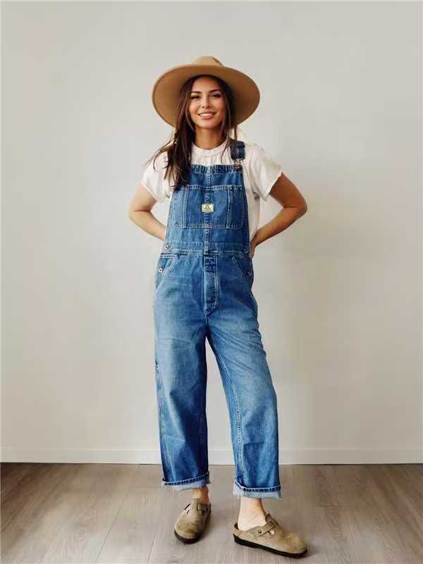 Oversized Vintage Denim Bib Overalls with Adjustable Suspenders