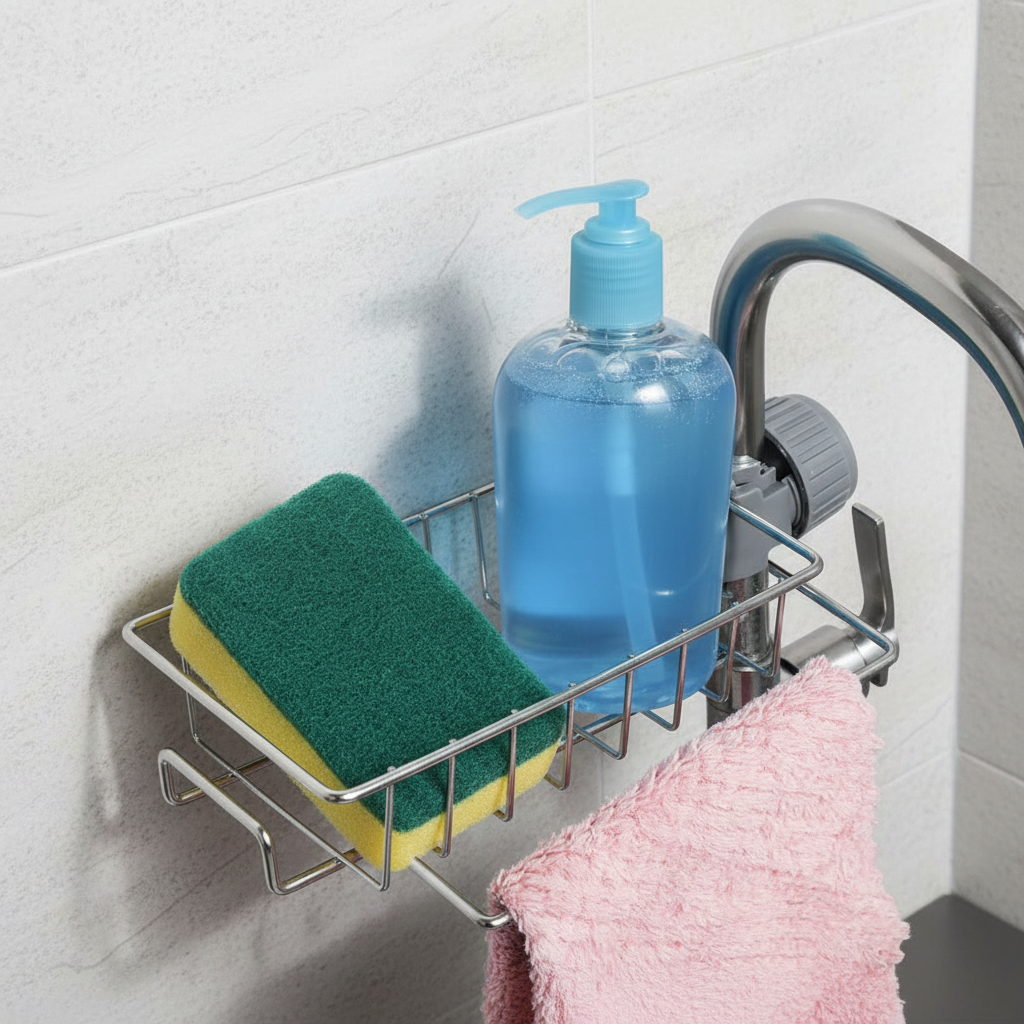 Tool-Free Stainless Steel Sponge and Brush Holder with Towel Rail
