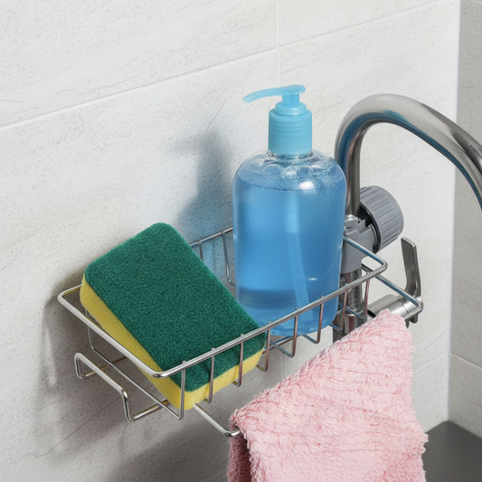 Tool-Free Stainless Steel Sponge and Brush Holder with Towel Rail