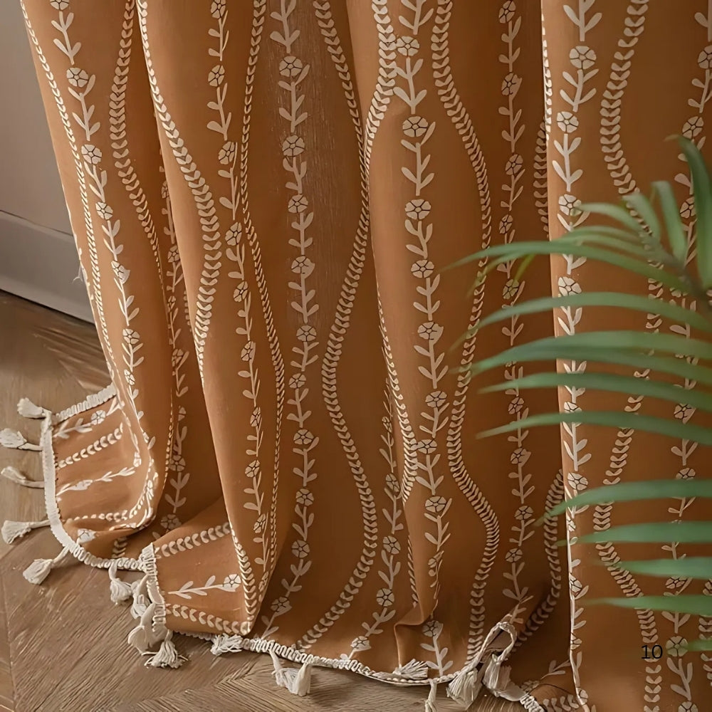 Beige Wheat Pattern Tassel Curtain
