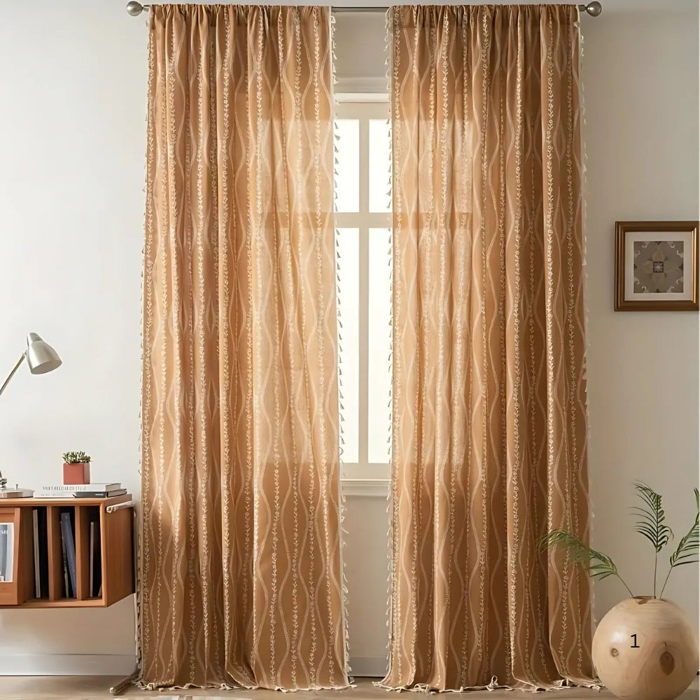 Beige Wheat Pattern Tassel Curtain