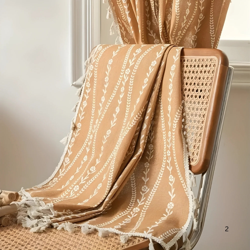 Beige Wheat Pattern Tassel Curtain