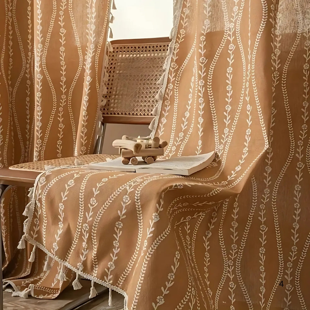 Beige Wheat Pattern Tassel Curtain