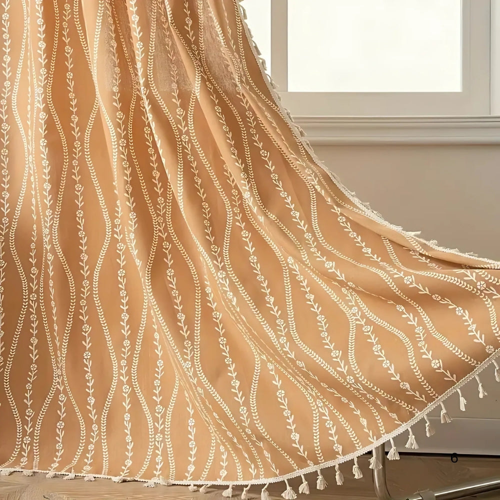 Beige Wheat Pattern Tassel Curtain