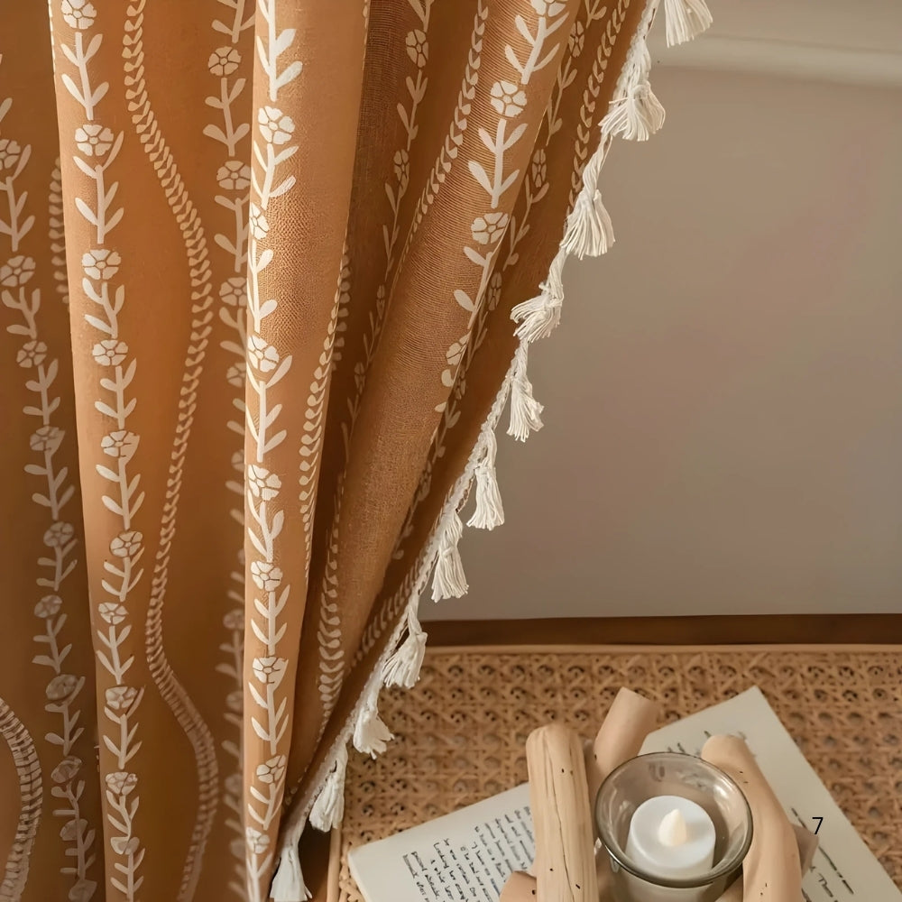 Beige Wheat Pattern Tassel Curtain
