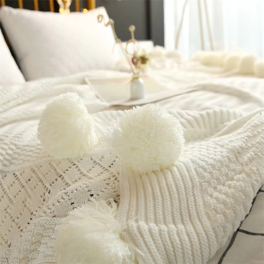 Fluffy Pom-Pom Knitted Macaron Blanket