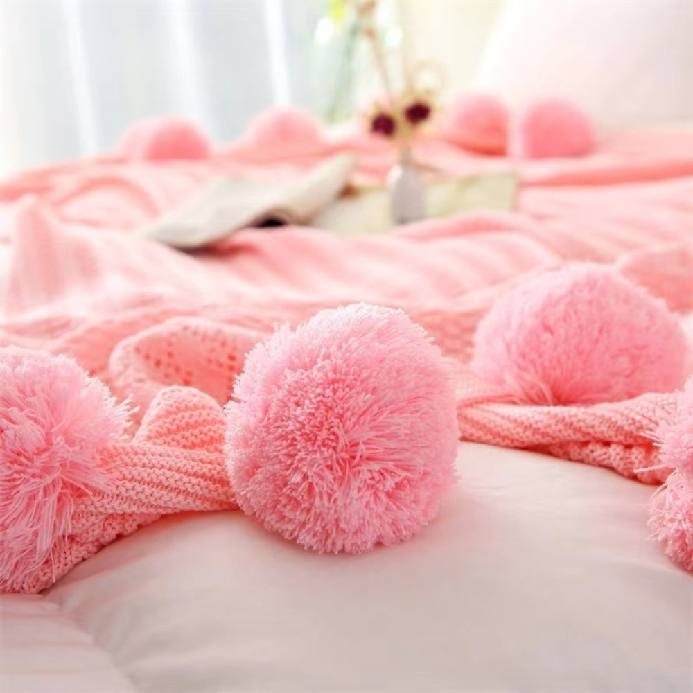 Fluffy Pom-Pom Knitted Macaron Blanket