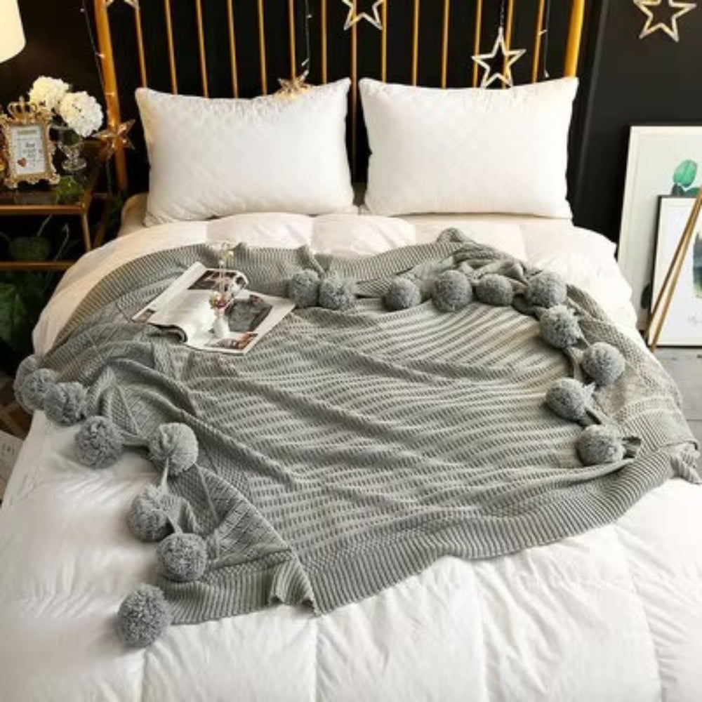 Fluffy Pom-Pom Knitted Macaron Blanket
