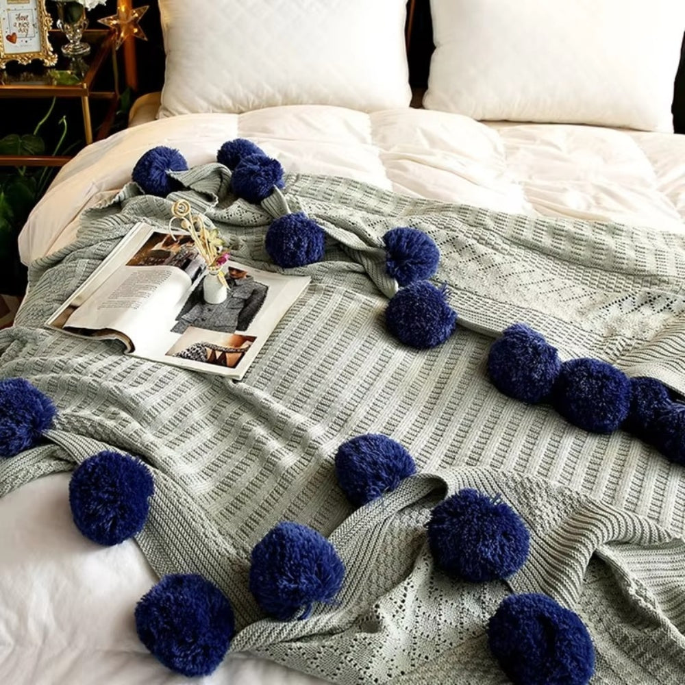 Fluffy Pom-Pom Knitted Macaron Blanket