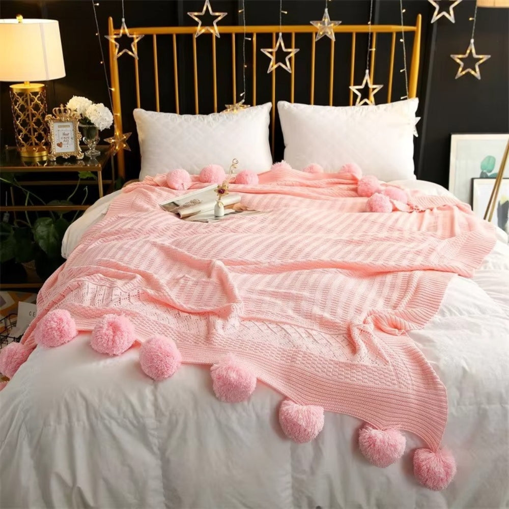 Fluffy Pom-Pom Knitted Macaron Blanket