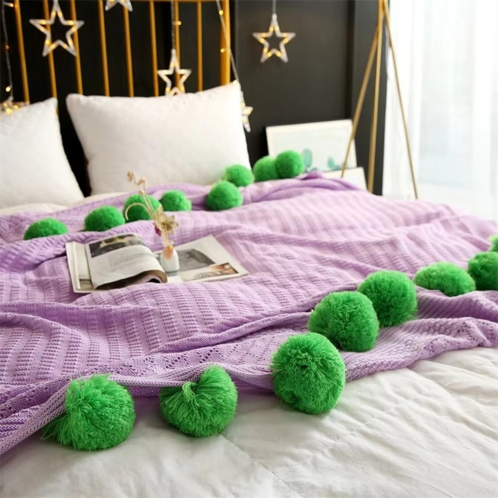 Fluffy Pom-Pom Knitted Macaron Blanket