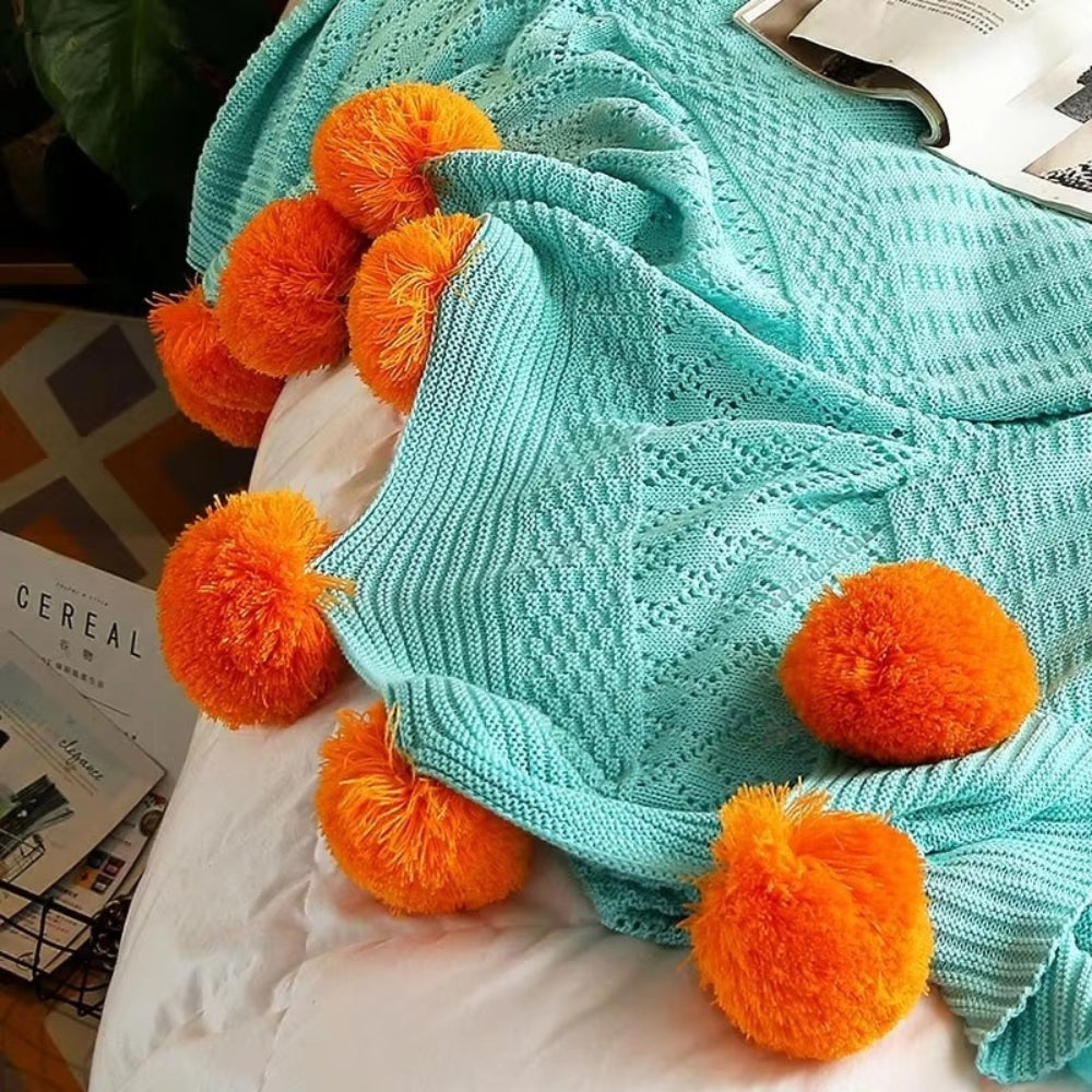 Fluffy Pom-Pom Knitted Macaron Blanket