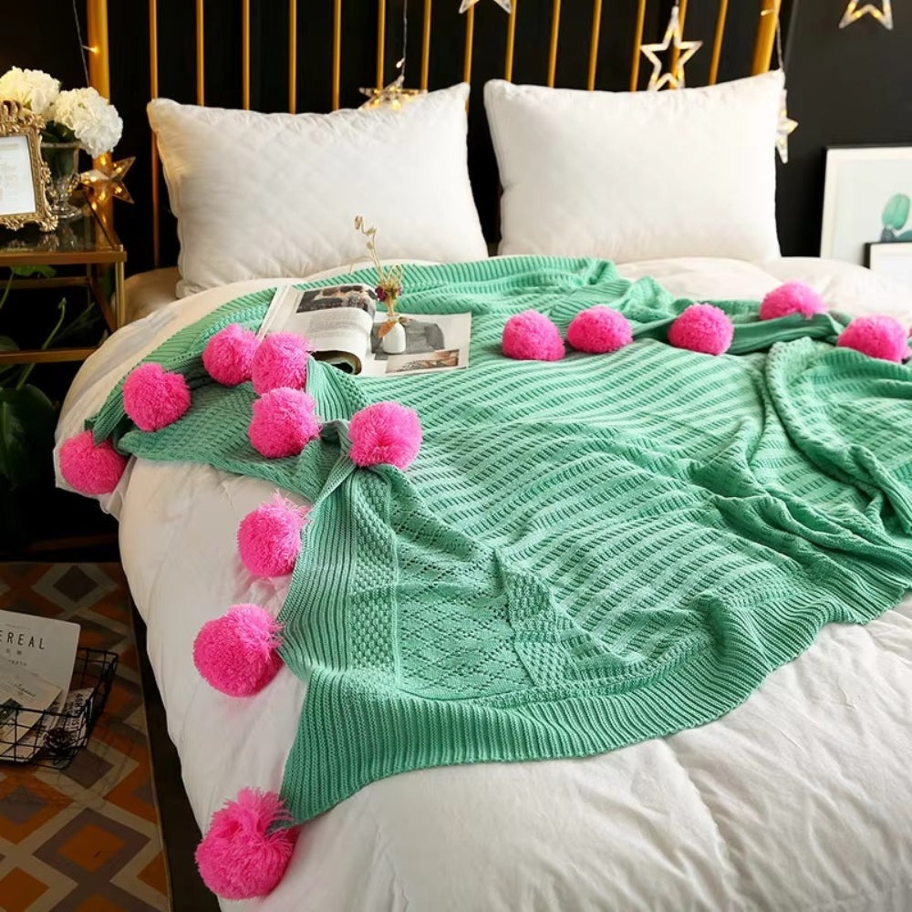 Fluffy Pom-Pom Knitted Macaron Blanket