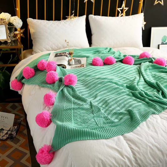 Fluffy Pom-Pom Knitted Macaron Blanket