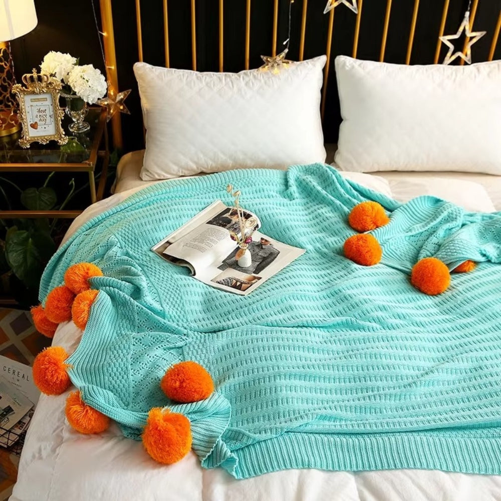 Fluffy Pom-Pom Knitted Macaron Blanket